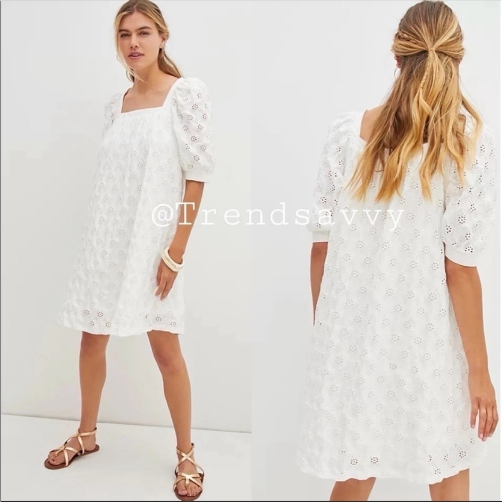 Anthropologie Maeve White Eyelet Square Neck Puff Sleeve Mini Dress